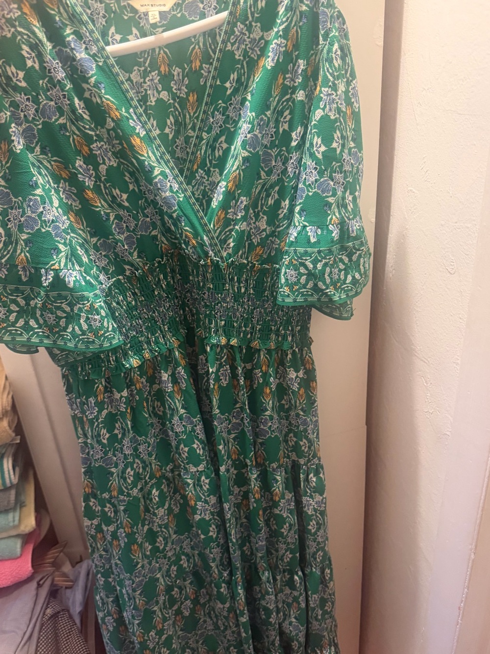 Max Studio Green Floral Smocked Waist Maxi Dress